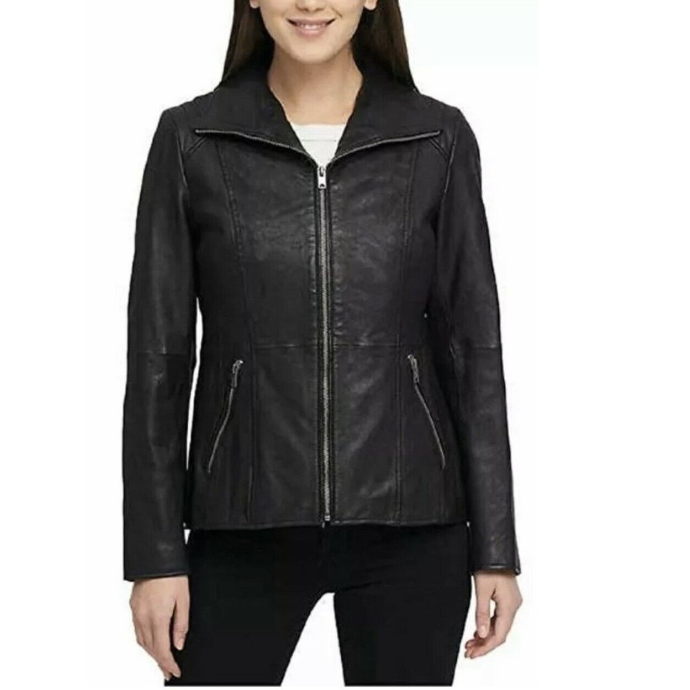 ANDREW MARC Women Marc New York Leather Jacket Zip Up Pockets--Black - Picture 1 of 7